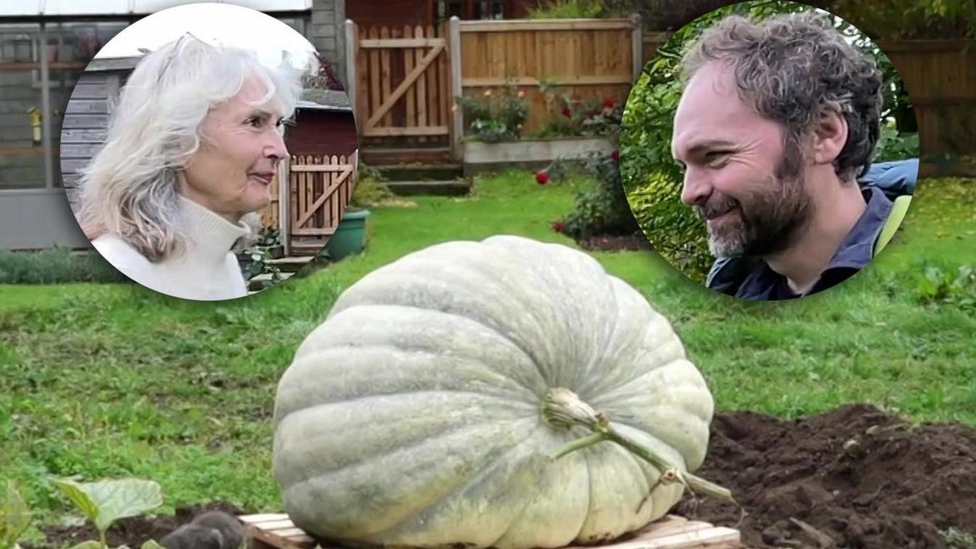 The giant pumpkin and headshots of mum and son