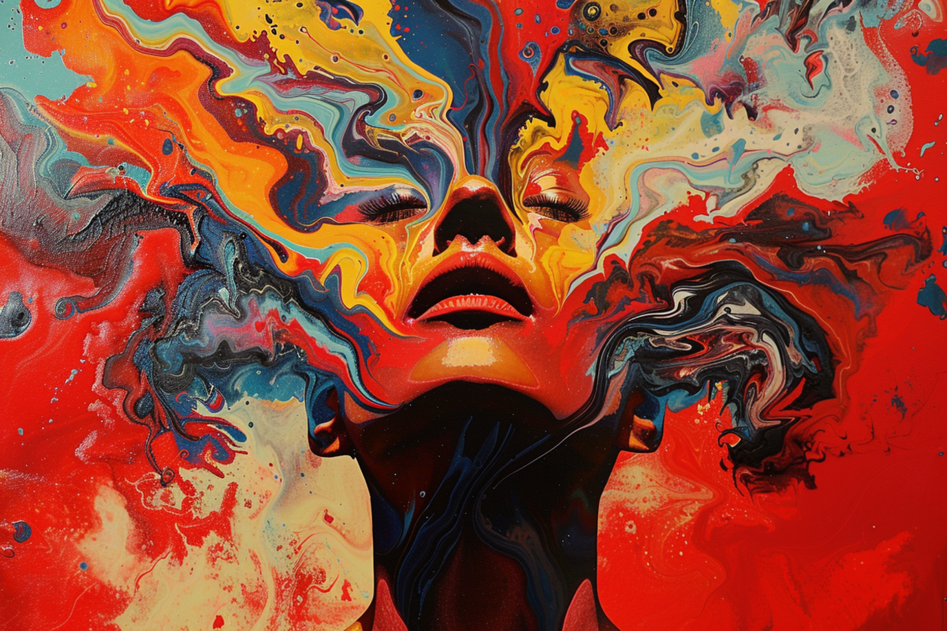 An abstract painting of a woman from the neck-up, lifting her chin towards the skin and closing her eyes. Red is the dominant colour and a marbling effect spreads across the top of the painting and disotorts the woman's face. 