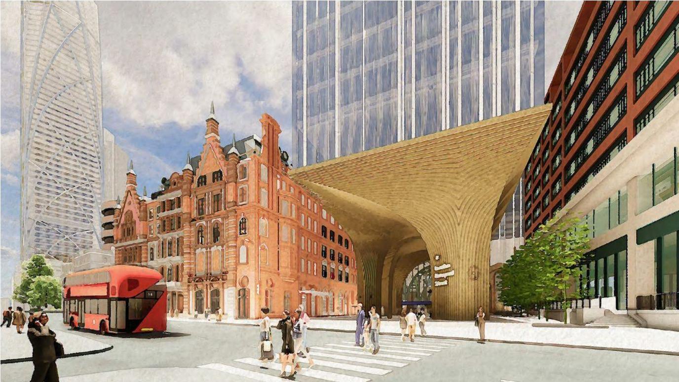 Architect's visualisation of the exterior of Liverpool Street station. A watercolour style painting with people on a zebra crossing outside a suggested new entrance of bricks and a large glass office block on top.