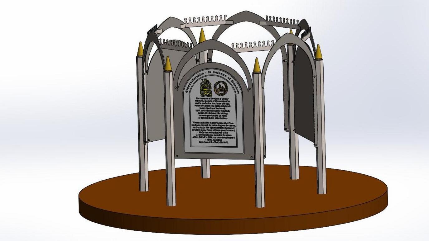 A computer-generated image of a metal structure featuring four arches. 