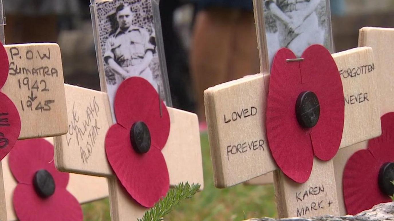 Wooden handmade crosses with pictures of men from the war, in the middle are paper poppies, all are written on with personal messages. They are sticking out of the ground.