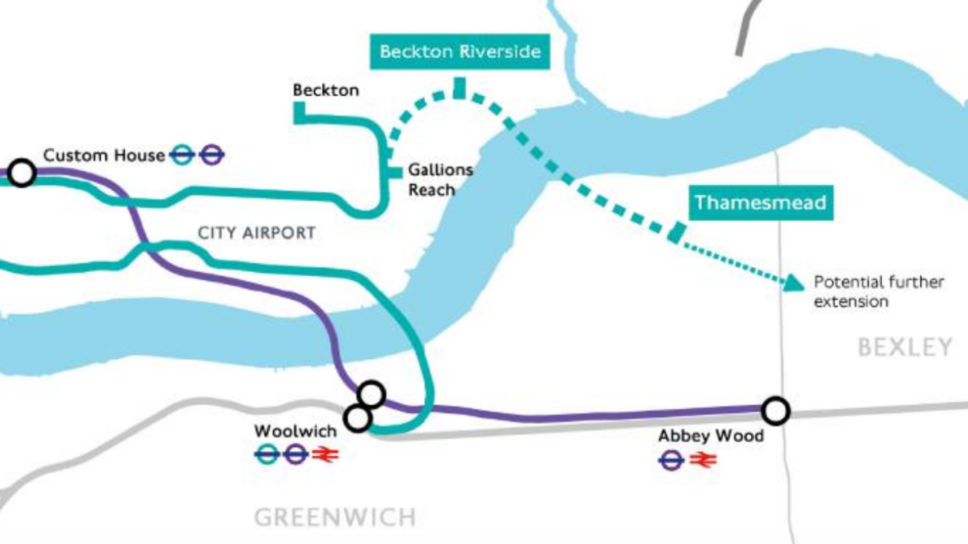 A graphicised map showing plans for a DLR extension to Thamesmead, with a teal line for the DLR and purple line for the Elizabeth Line