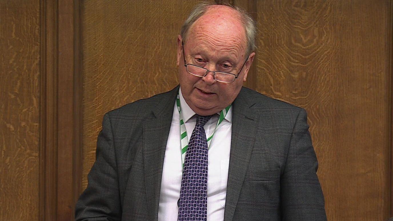 Jim Allister speaking in the House of Commons. He is bald, wearing glasses, a grey blazer, white shirt and purple tie and a green lanyard. Wood panelling is behind him.