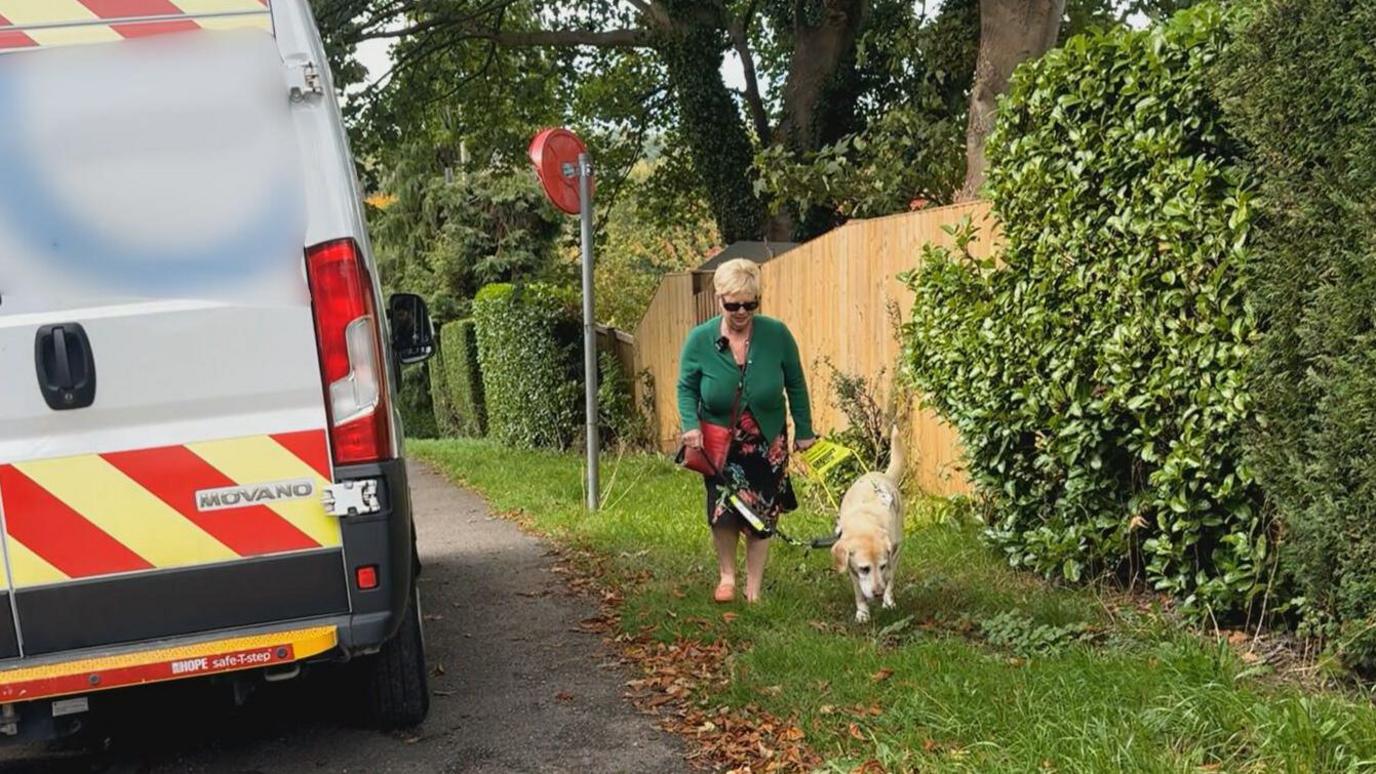 A woman walks with a guide dog along a grassy bank beside a paved path. A white van with red and yellow warning stripes is parked partially on the pavement. The path is bordered by a wooden fence and tall hedge, with trees in the background.