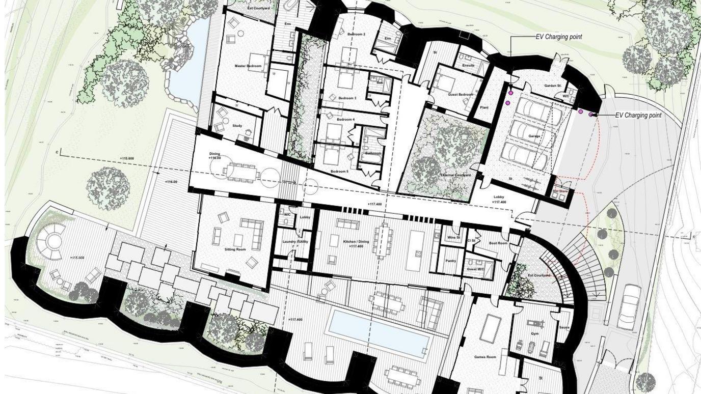 A floorplan of the large home and exterior landscaping