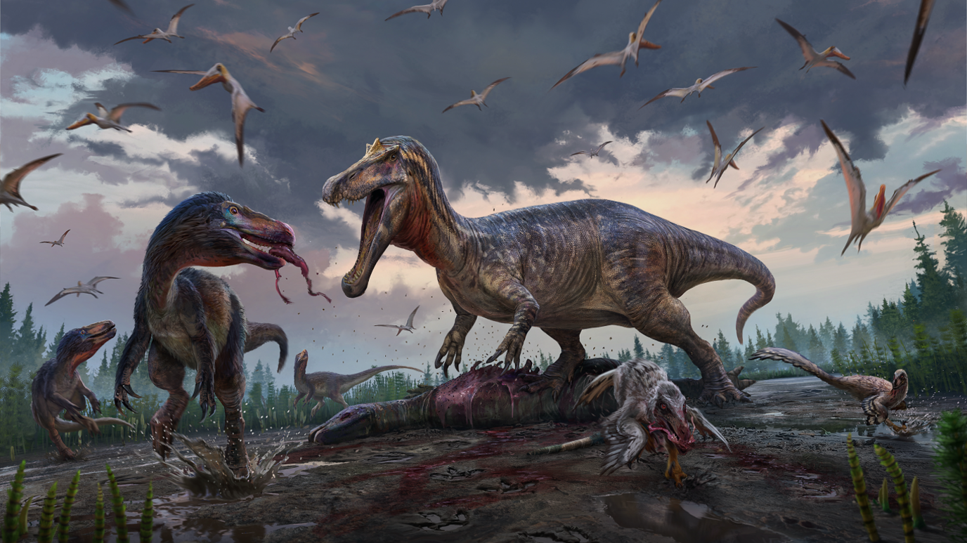 a picture of how dinosaurs might have looked as they roamed the Earth millions of years ago. A snarling tyrannosaur bears its teeth at a smaller dinosaur as it stands over its dead prey and winged creatures, possibly pterodactyls, fly overhead