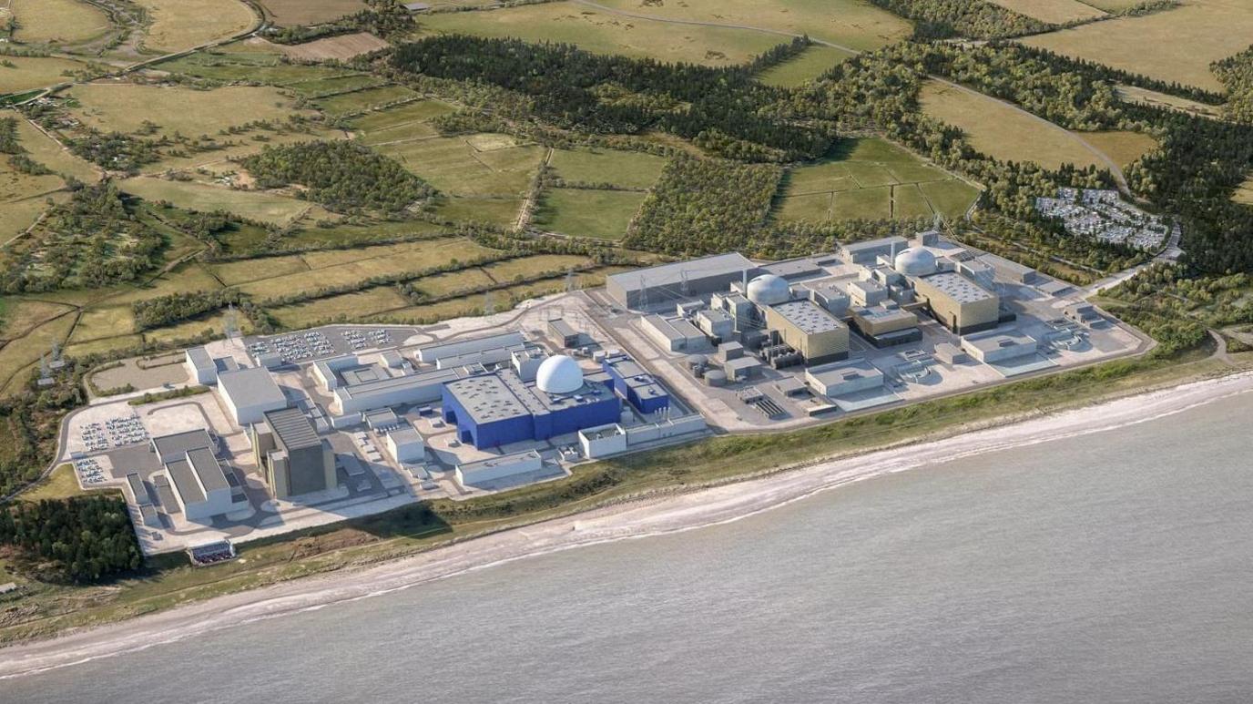 A computer-generated image of Sizewell C showing its position alongside Sizewell A and B