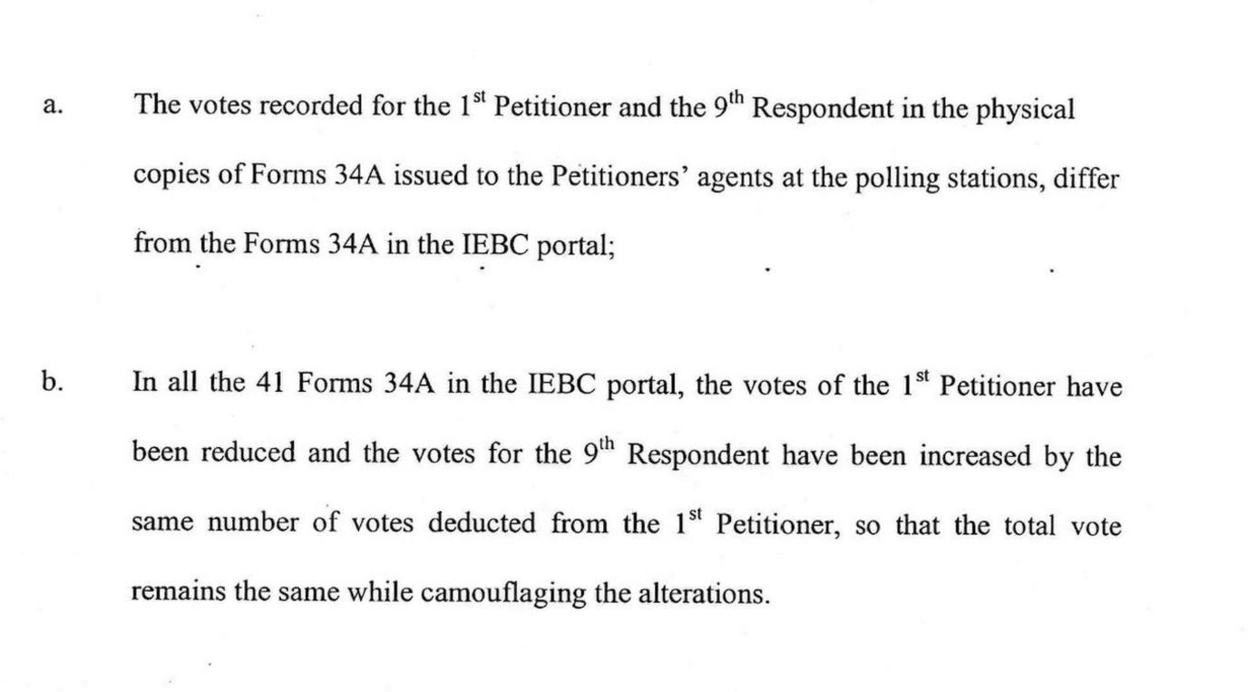 A screengrab of Odinga's petition to the Supreme Court alleging forms were manipulated