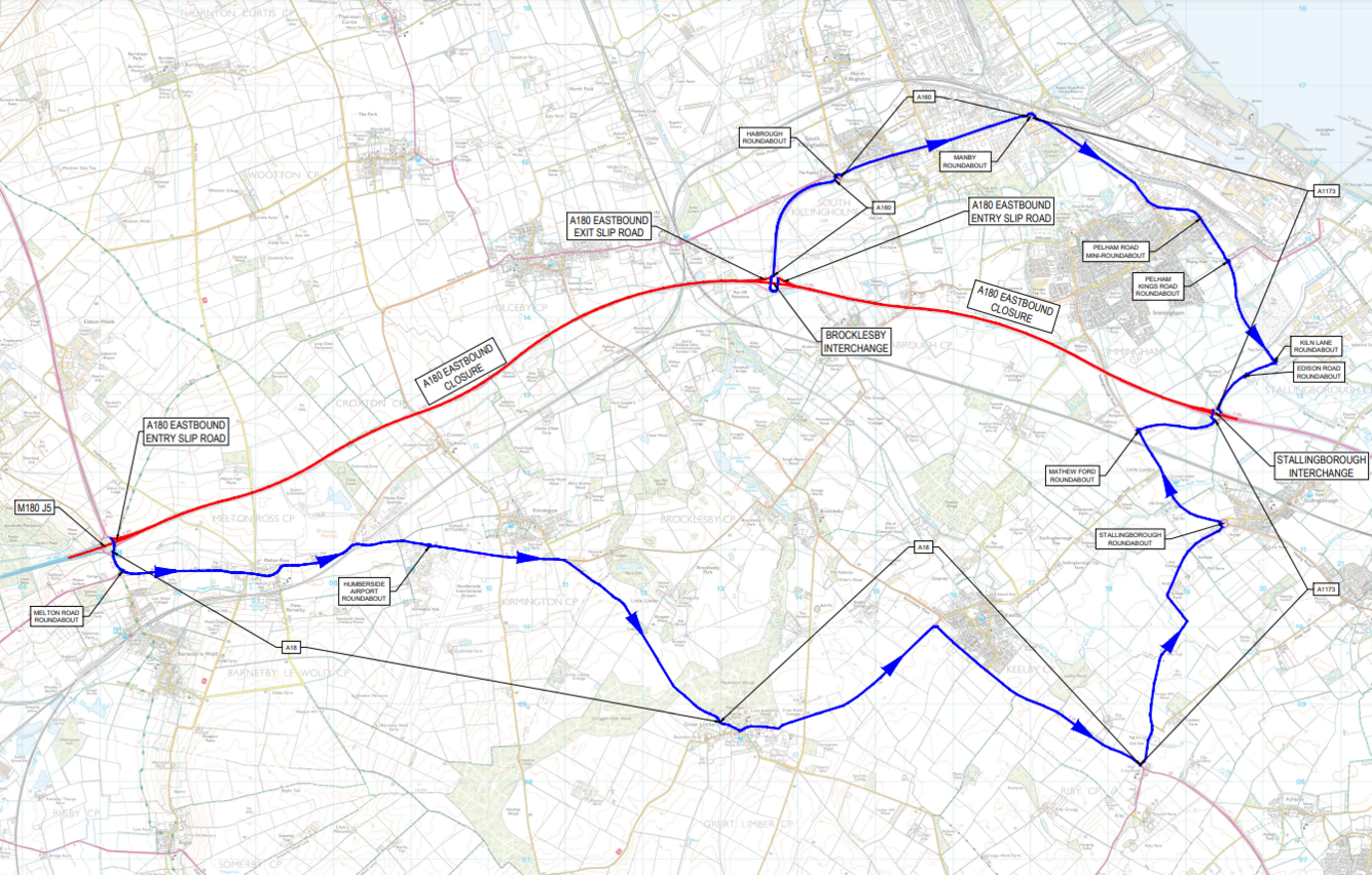 The diversion route for the eastbound carriageway works. The closure of the A180 is illustrated with a red line and the diversion route is blue.