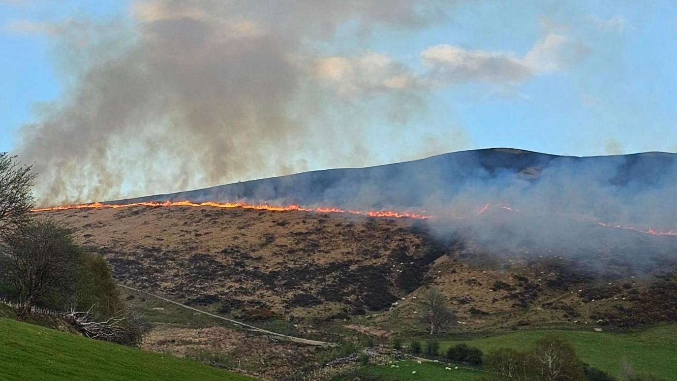 Tân ar ochr mynydd yn ardal Cwm Elan