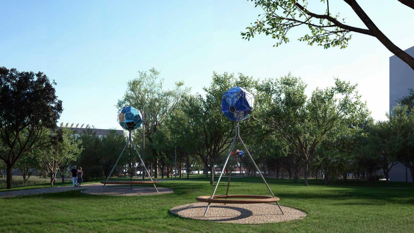 Artist impression of two blue glass balls on top of metal tripods in a park setting.