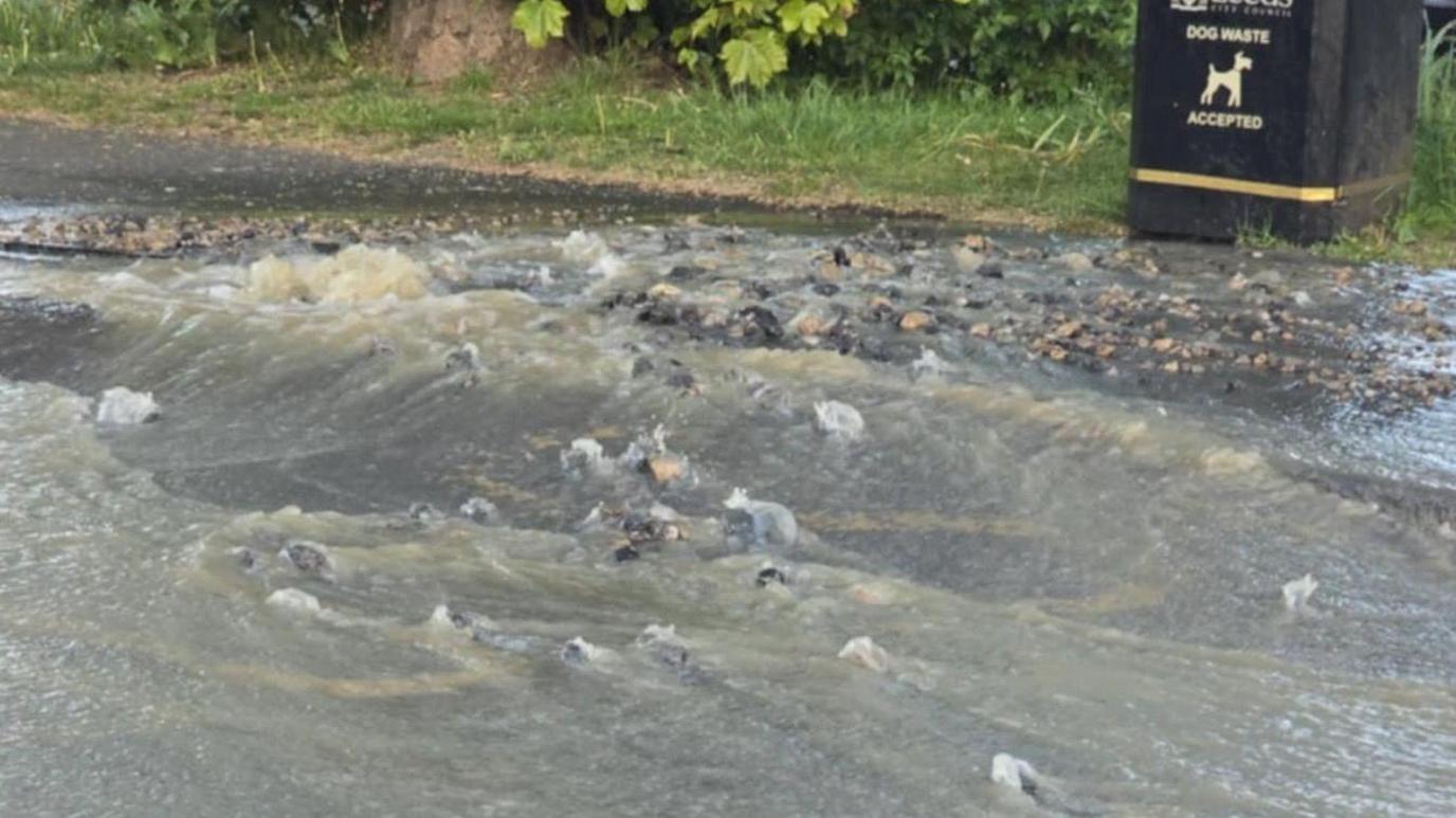 Water spilling onto a road from a leak near a black Leeds City Council bin.