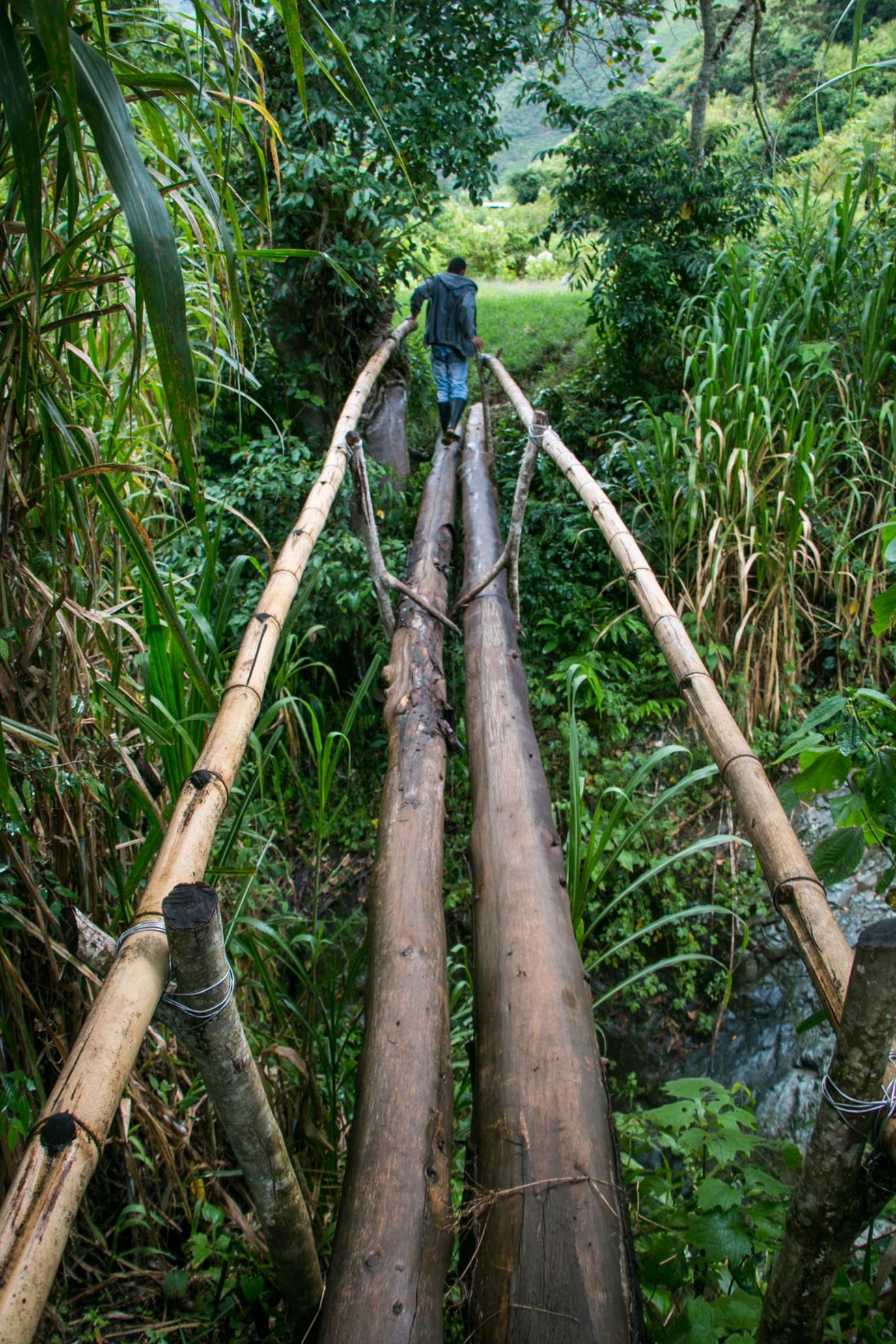 Children currently have to cross rivers on precarious structures such as these to reach school but the Colombian army has promised to build 12 bridges across Ituango’s municipality. Santa Lucia, July 2016.