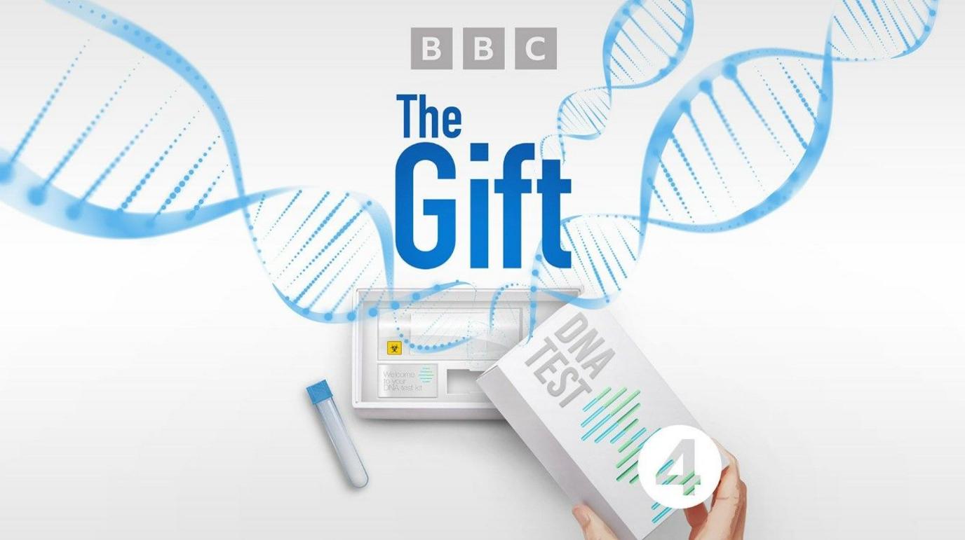 Promo picture for R4 podcast :The Gift. On a white background, a hand is unboxing a DNA test. A test tube is sitting next to the box, and there are DNA helix patterns emanating from the box. 