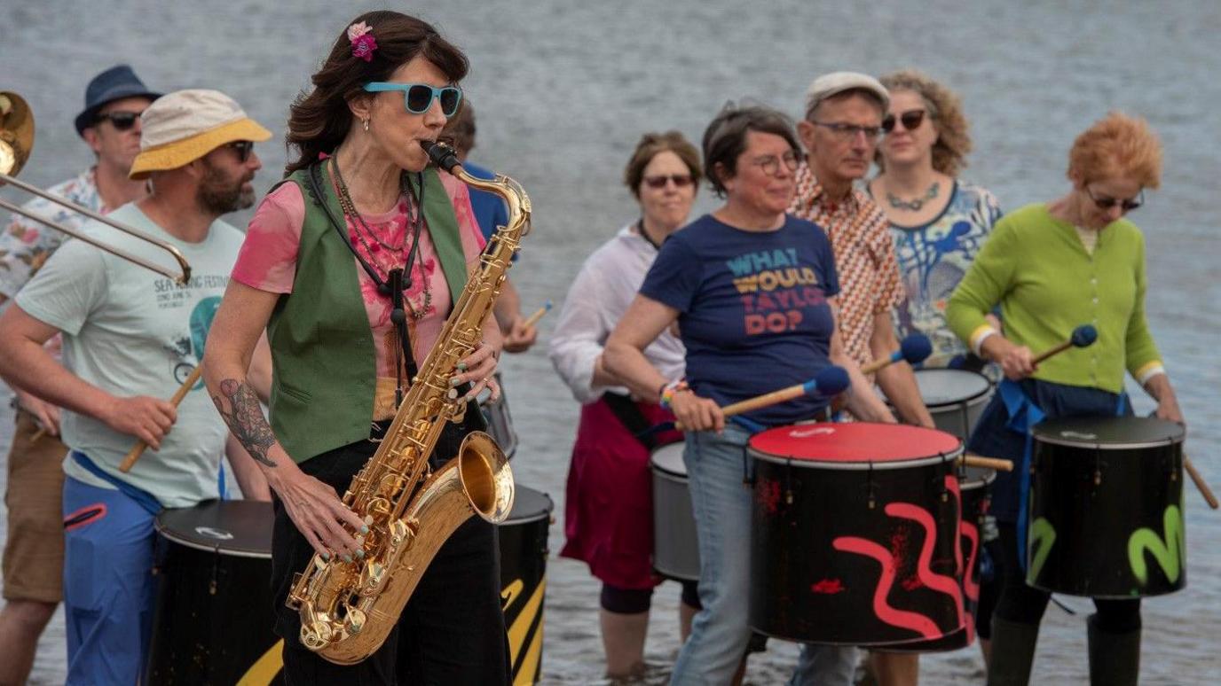 Shunpike Social Club perform on the ‘sea stage’ on Portobello Beach