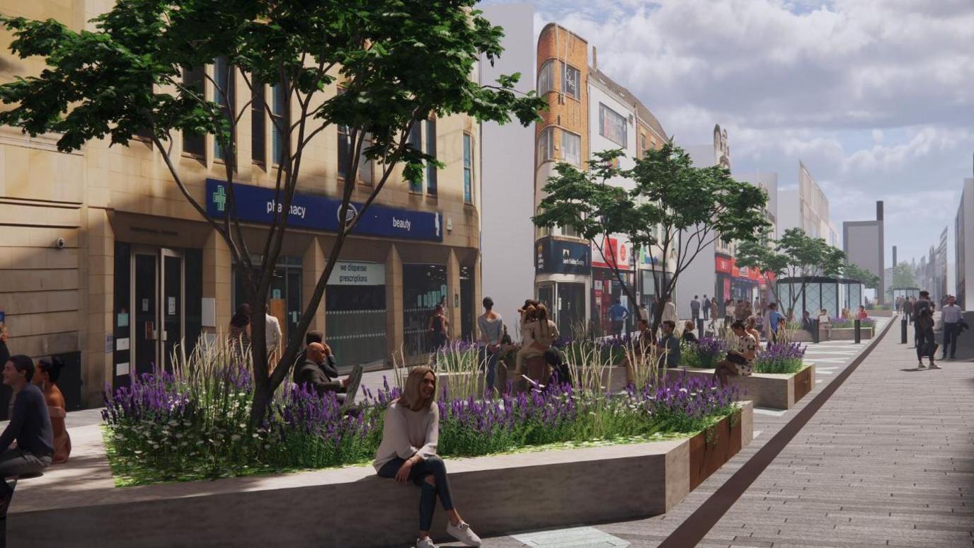 Artist's impression of the revamp of Northumberland Street. It includes raised planters filled with purple blooms, shrubs and low trees stretching down the lenght of the street, with shops to the side. People are sitting on the rim of them in the sunshine. 