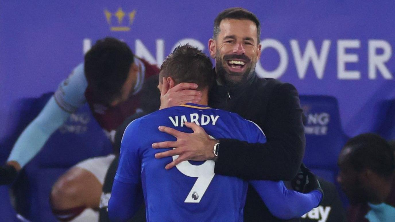 Ruud Van Nistelrooy embraces Jamie Vardy during the win over West Ham.