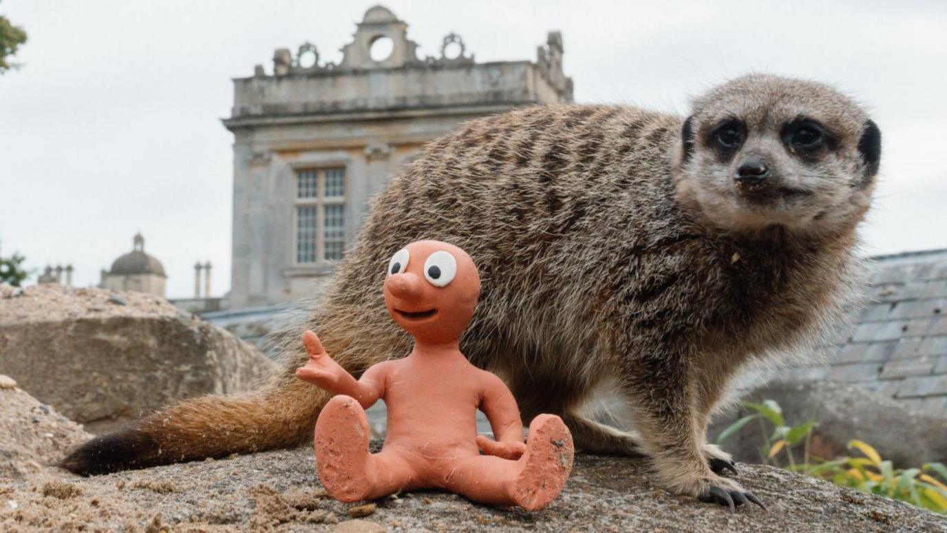 The plasticine figurine of Morph sat on a large rock with its legs outstretched in front of a meerkat which is looking into the distance.