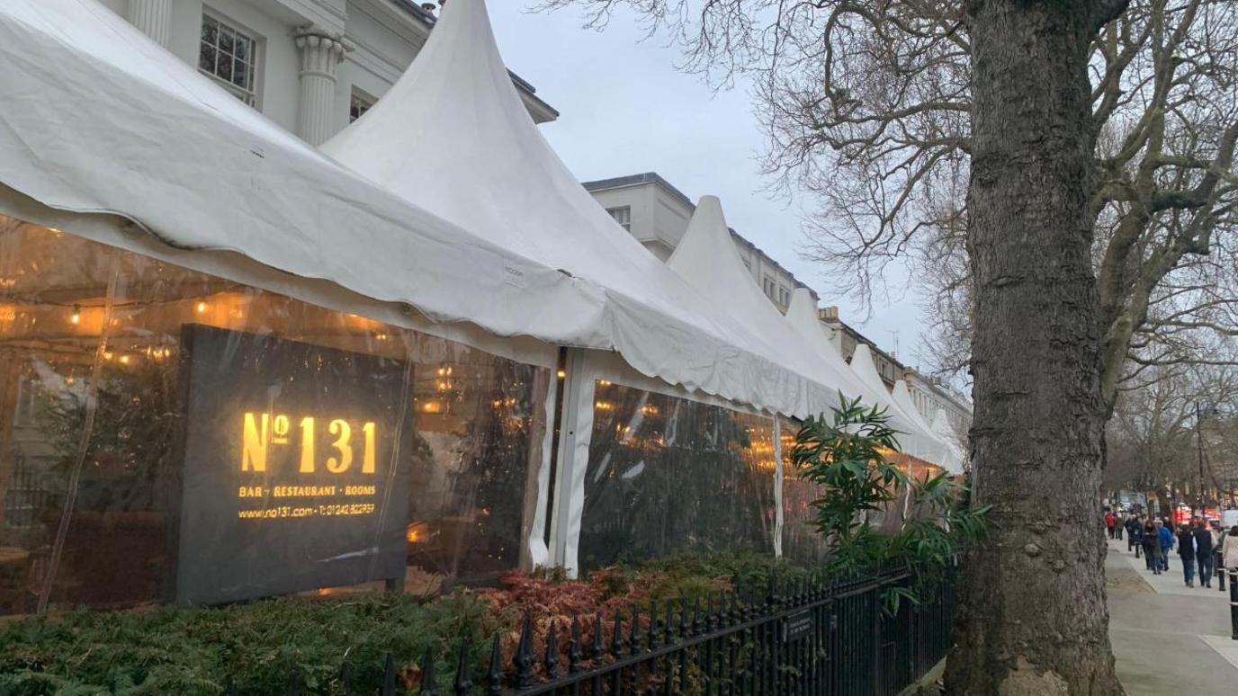 White marquees outside of the restaurant No 131 on the Promenade in Cheltenham.