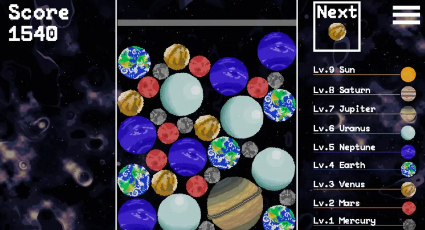 A still from Planet Drop. It has lots of planets piled on top of each other and a scoreboard.