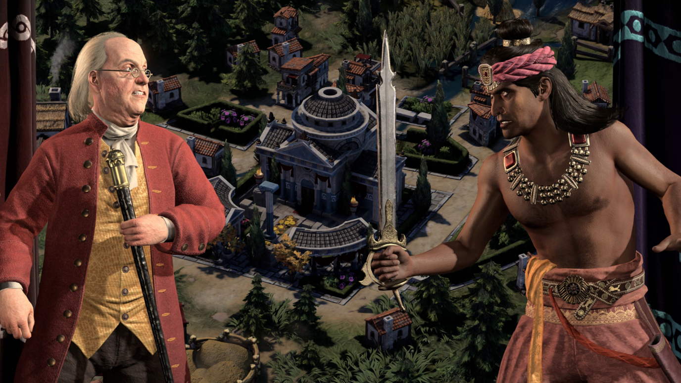 On the left of the screen, Benjamin Franklin, with his slicked-back white hair and bifocals, is braced for a fight. On the right, Ashoka, a man in Magadha-era garb wields a sword.