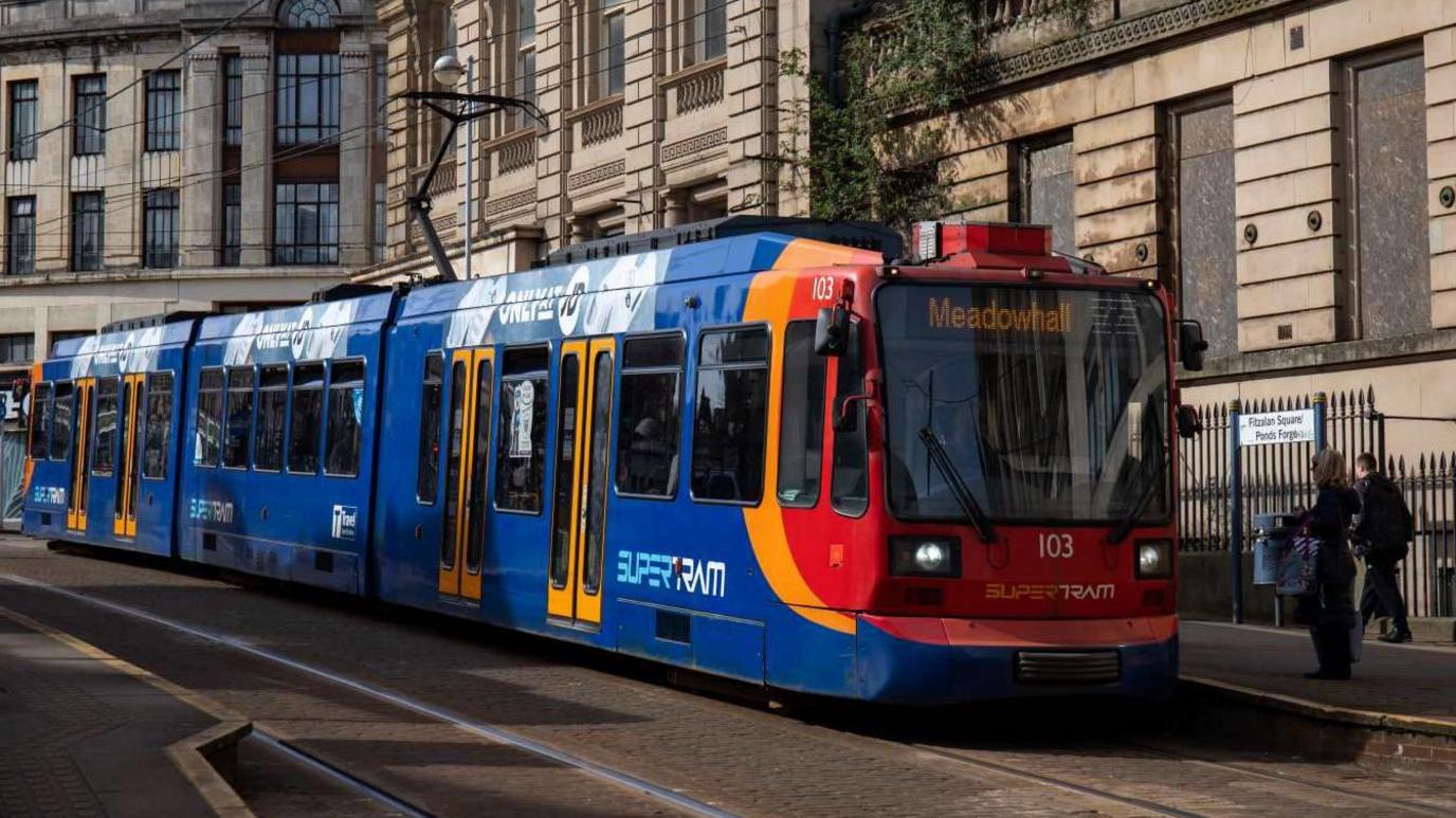 A tram in central Sheffield