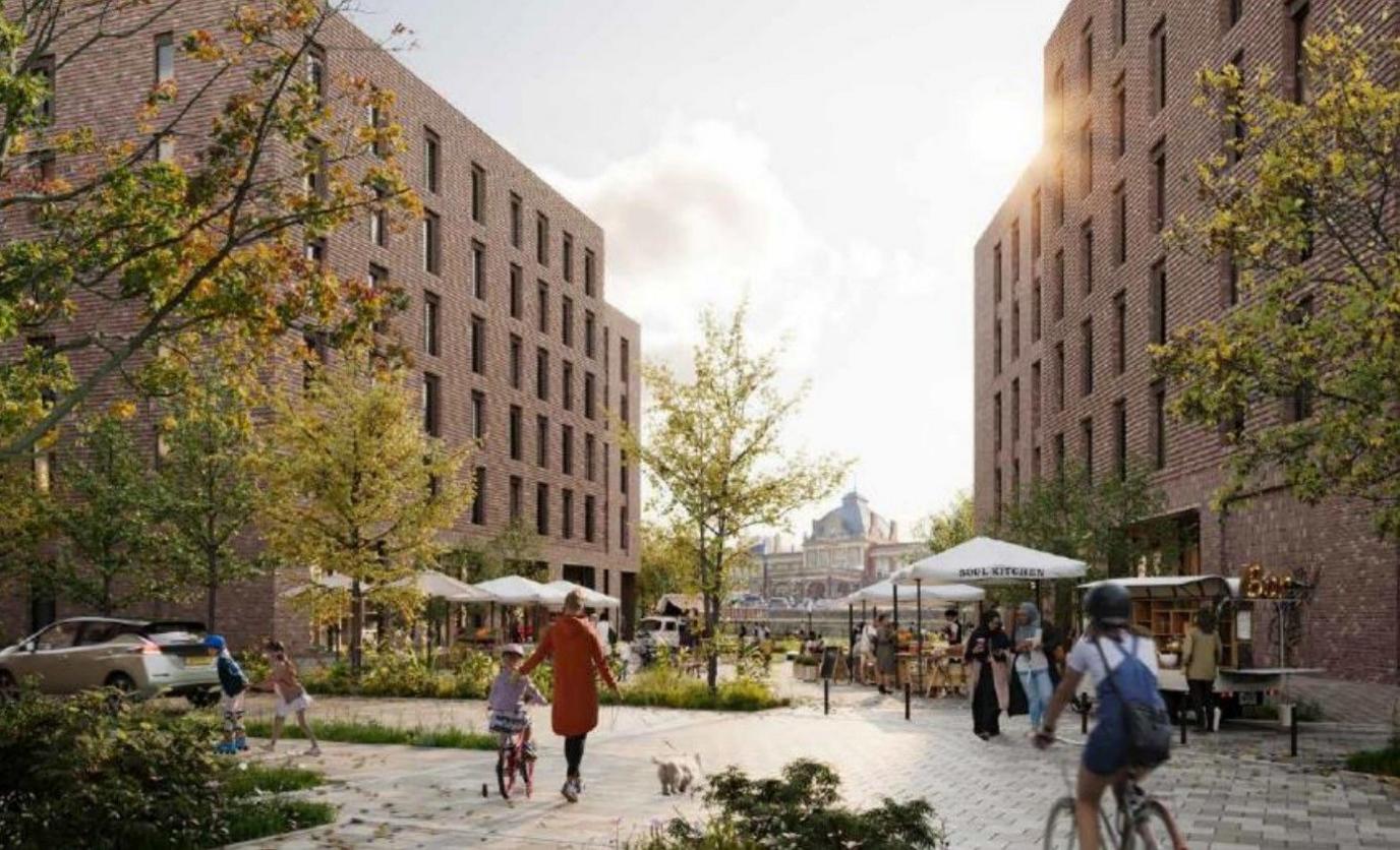 An artist's impression of people walking through a tree-lined public space between two flat blocks