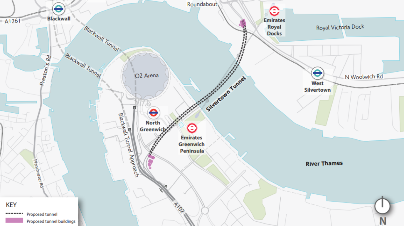 A graphic of a map showing where the Silvertunnel crosses the river Thames, from near the Emirates Royal Docks to the North Greenwich Peninsula.