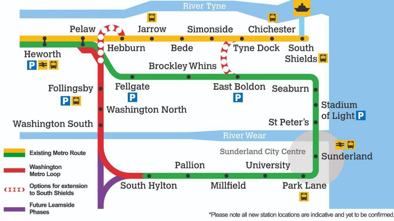 A Tyne and Wear Metro map showing the proposed extension from South Hylton to Hebburn. New stations include Washington South, Washington North and Follingsby.