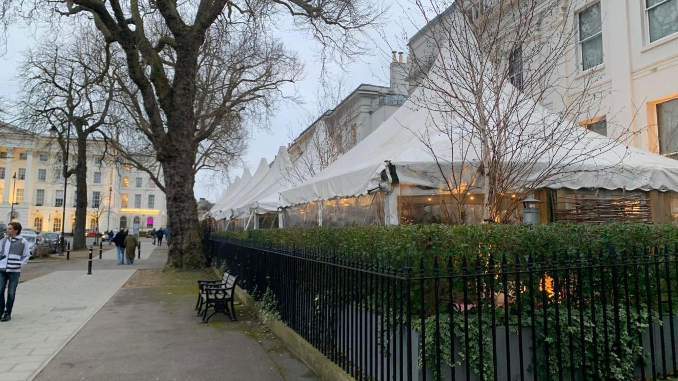 White marquees outside of the restaurant No 131 on the Promenade in Cheltenham.