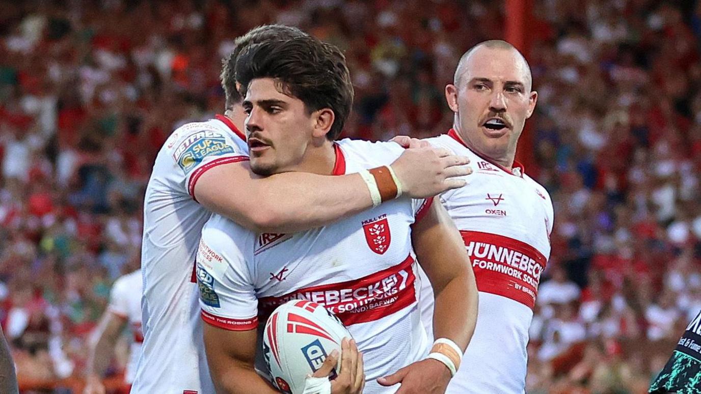 Hull KR's Bill Leyland celebrates his try against Leigh Leopards