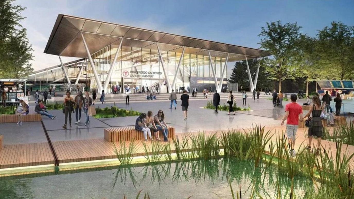 An artist's impression of the new Cardiff Parkway railway station and landscaped grounds