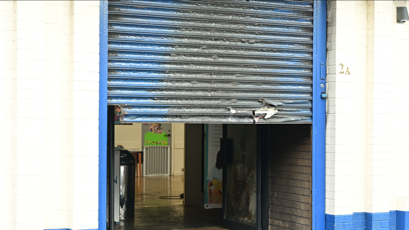 Damaged shutter of church in Templemore Street in east Belfast