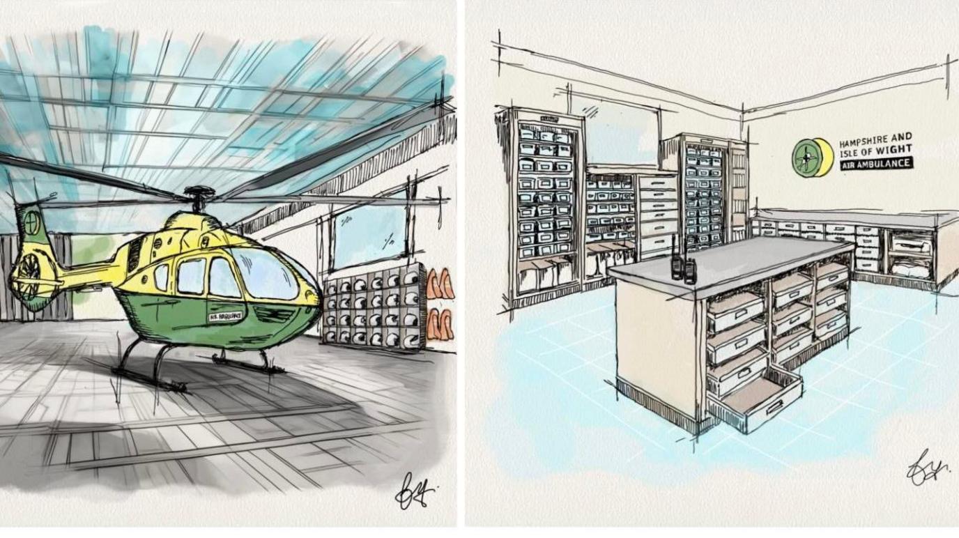 Multiple images of a helicopter in a hangar, office space, outdoor seating and a bedroom.