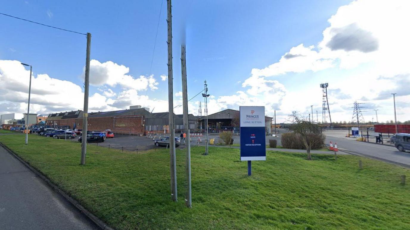 Google view of the Princes Long Sutton white and blue sign perched on grass off a main road. The factory can be seen behind it with several cars in  a car park.