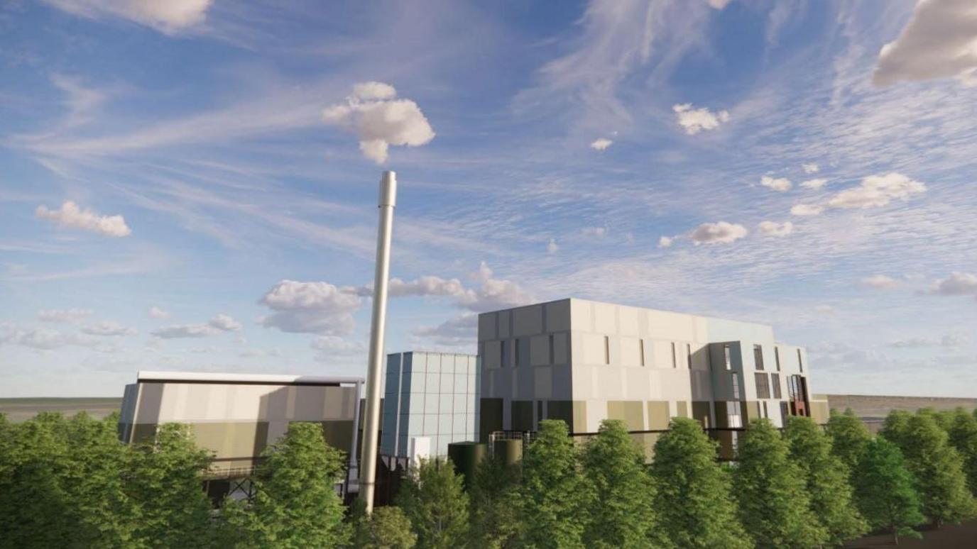 Artist's impression of the incinerator surrounded by trees with a blue skies and scattered cumulonimbus clouds on a sunny day.