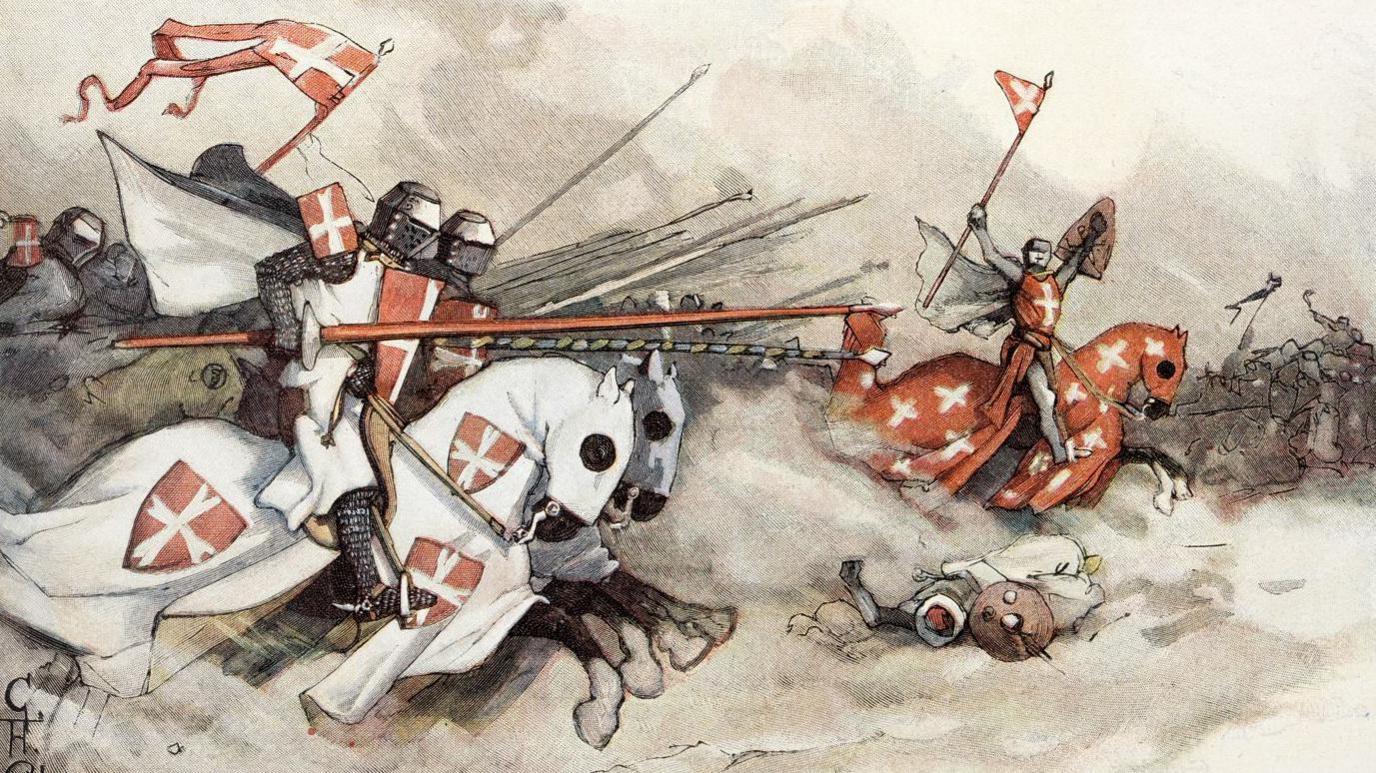 A painting of knights on horseback, carrying lances and wearing either red clothing with white crosses or white clothing with red shield designs bearing white crosses