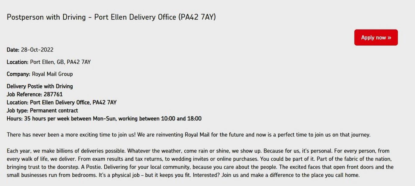 Job ad for Islay postpeople