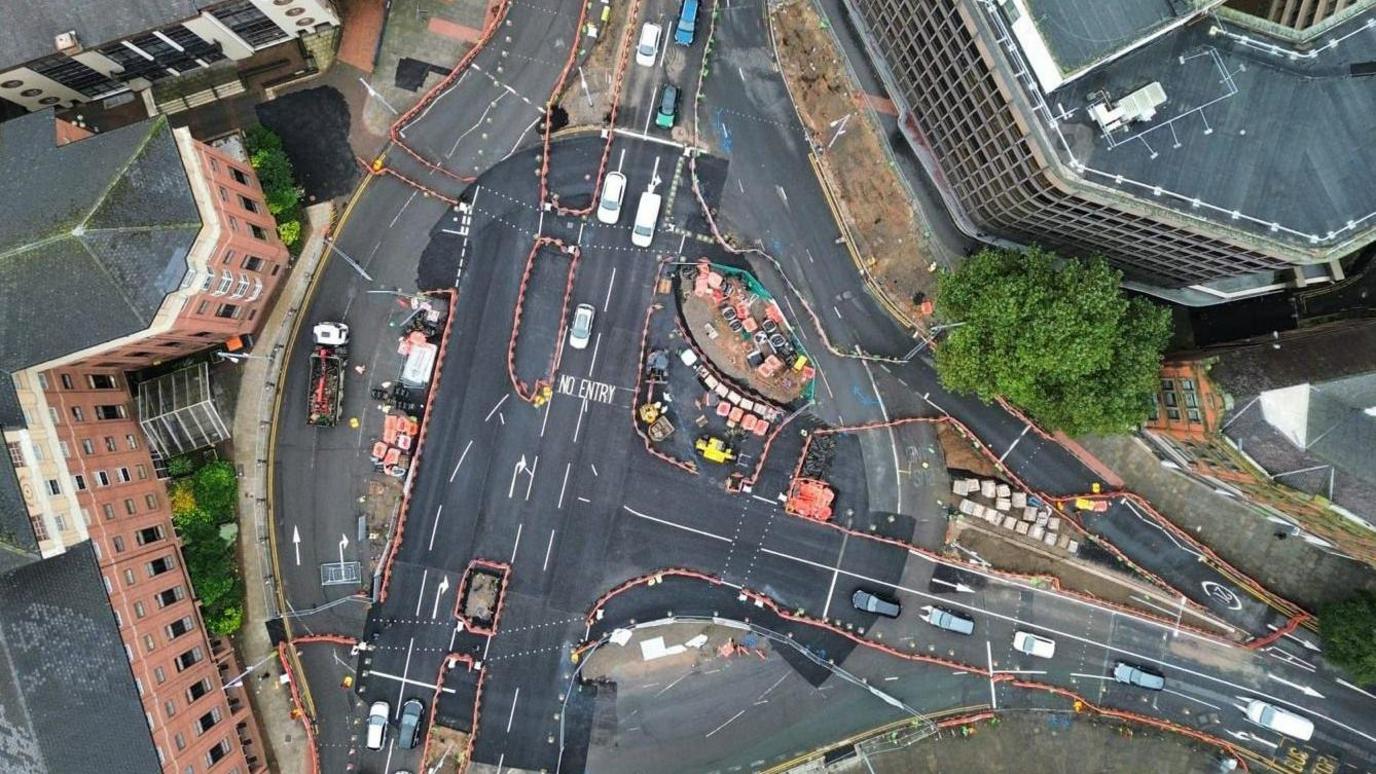 An aerial image of the new T-junction on Maid Marian Way, in Nottingham