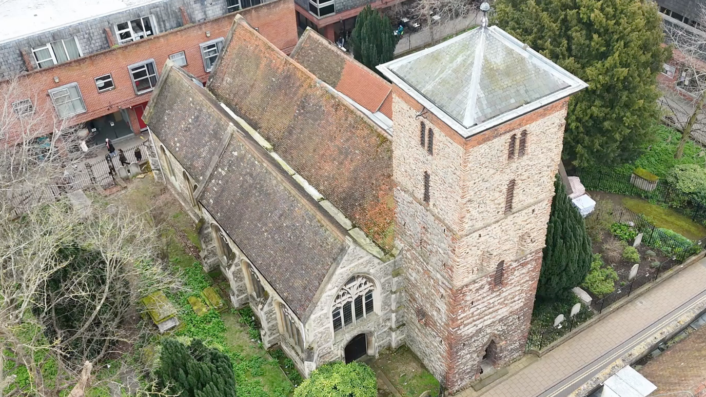 An aerial view of Holy Trinity Church, showing the 11th Century tower.