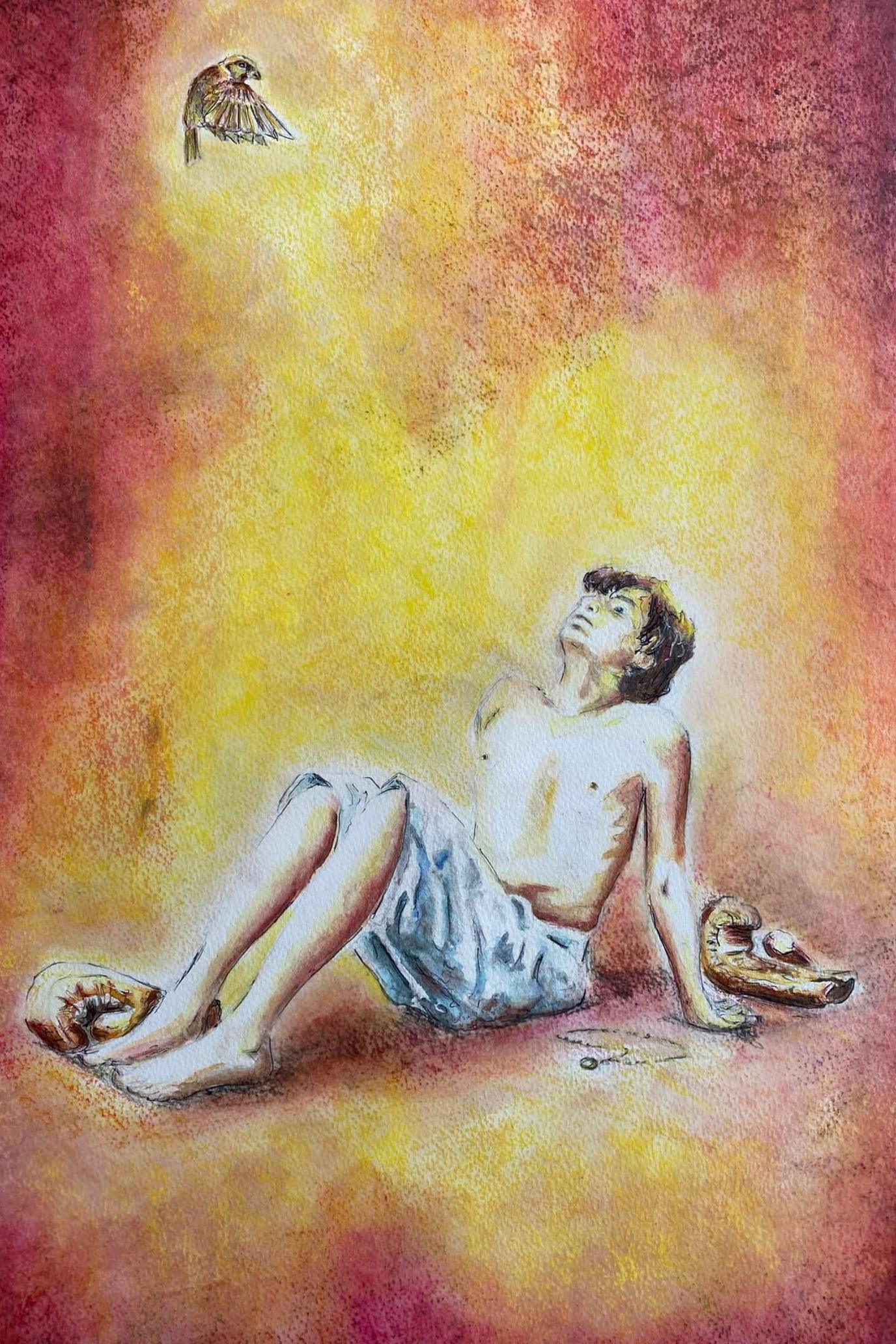 Painting of a boy n a state of abandon. He has let go of the necklace, the boxing gloves are strewn on the floor and he sits back closing his eyes submitting to warm glow of colour. He has nothing to hold onto, he has nothing to fight for, He's in the state of letting go' he's in the state of healing.