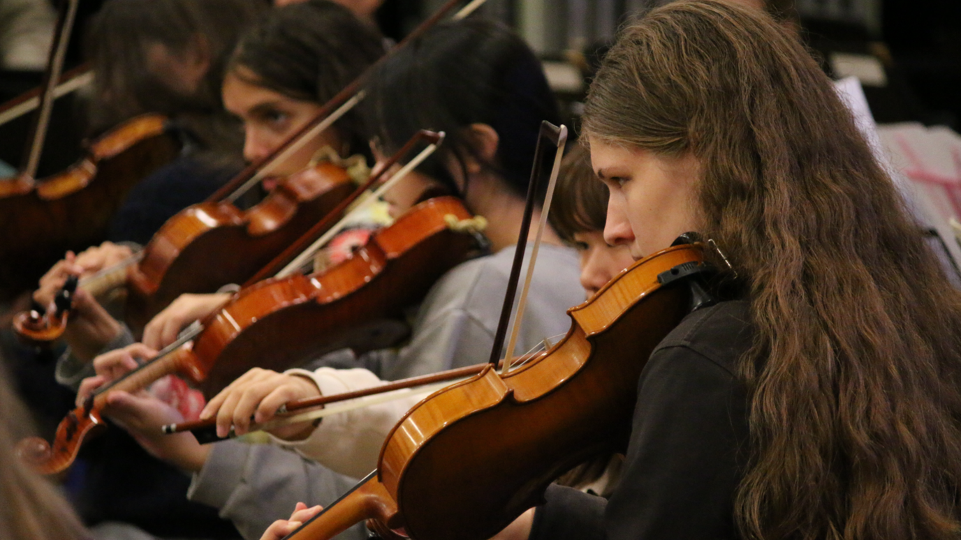 A close up of a row of young musicians playing the violin in an orchestra 