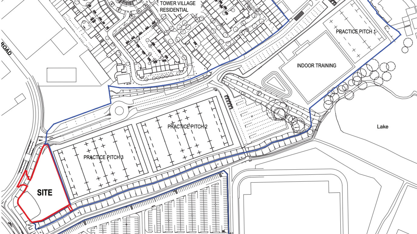 A black and white map of the area of land near the home ground of Northampton Saints. A section which has been outlined in red makes up the land which is slated for development. It is to the left of two practice pitches, at the junction of Ross Road and Edgar Mobbs Way.