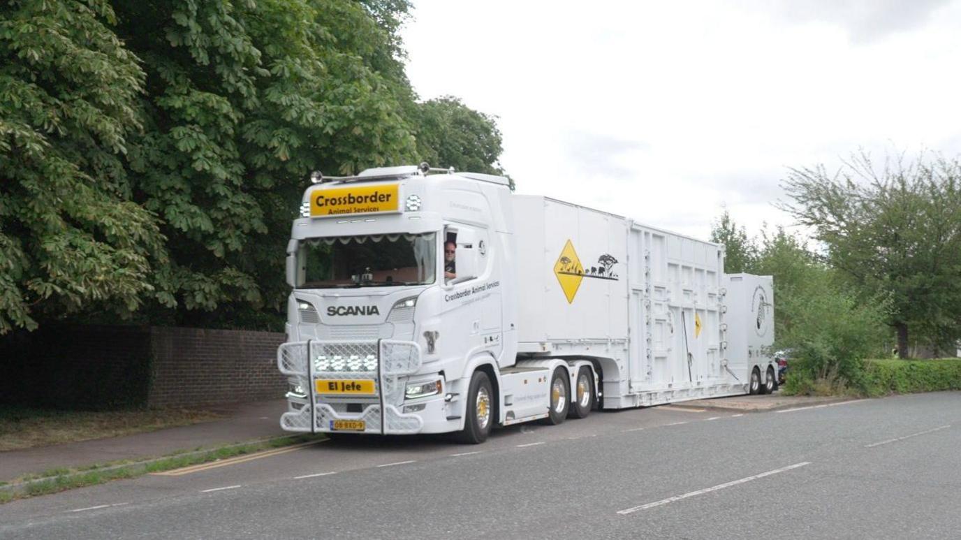 A large lorry carrying a white container exiting onto a road. There are trees either side of the lorry.