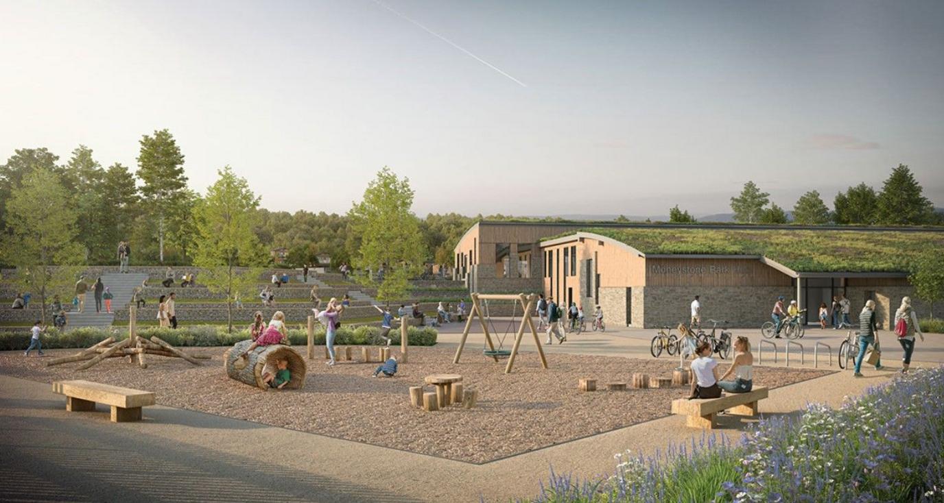 An artist impression of an outdoor play area for children, including swings and obstacle courses. In the distance are a series of buildings and there are trees and planting dotted around the site.