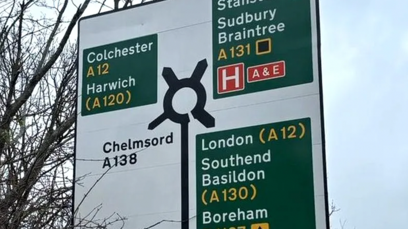 Road sign with spelling area that spelt the city of Chelmsford as "Chelmsord"