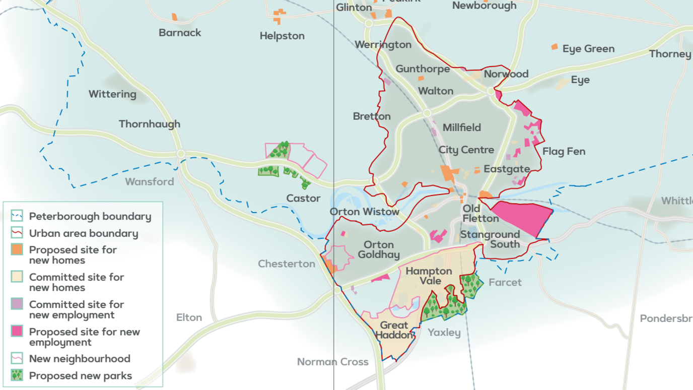 A map shows which areas of Peterborough there are new developments committed or proposed. A pink patch of land near Fletton and Stanground has been marked out as a "proposed site for new employment".