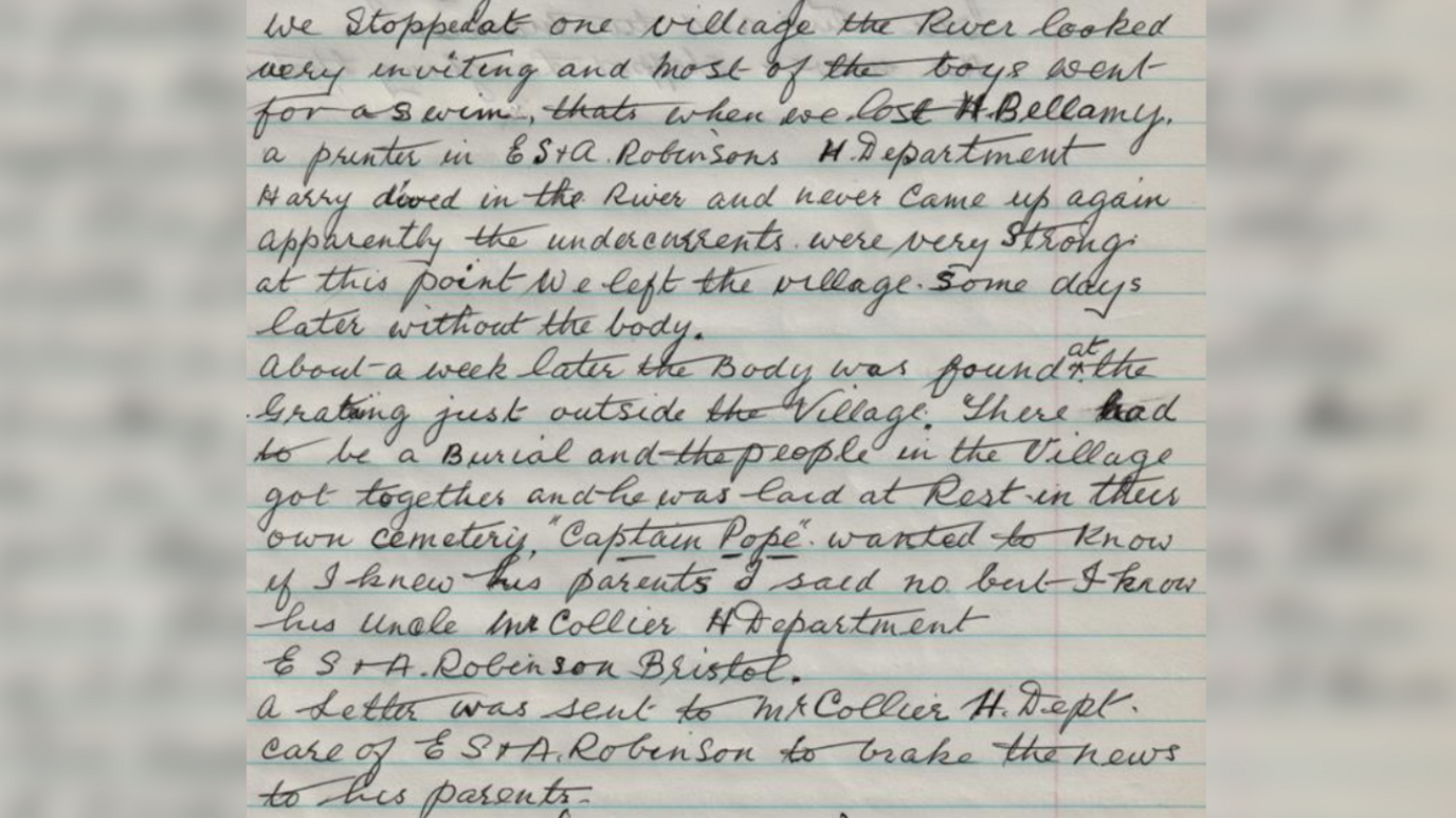 A handwritten diary entry by James' great grandfather. It details how Bellamy went missing and the unit had to move the next day. It then adds that his body was found a couple of days later and the unit was given the bad news.