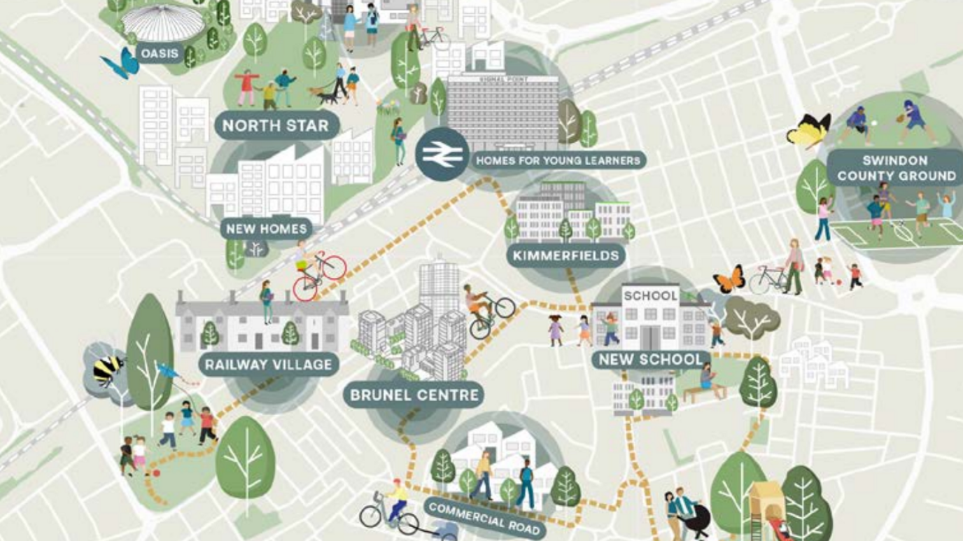 Illustrated map of the plans to make Swindon's town centre a place to live including a new school, new homes and homes for young learners