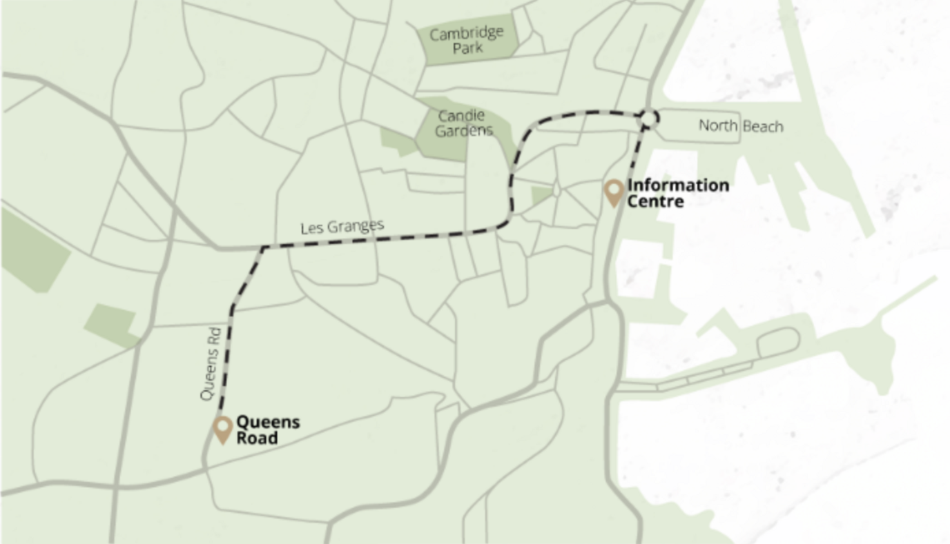 Map showing the planned royal route along Queen's Road, Les Granges, St Julian's Avenue to St Peter Port seafront